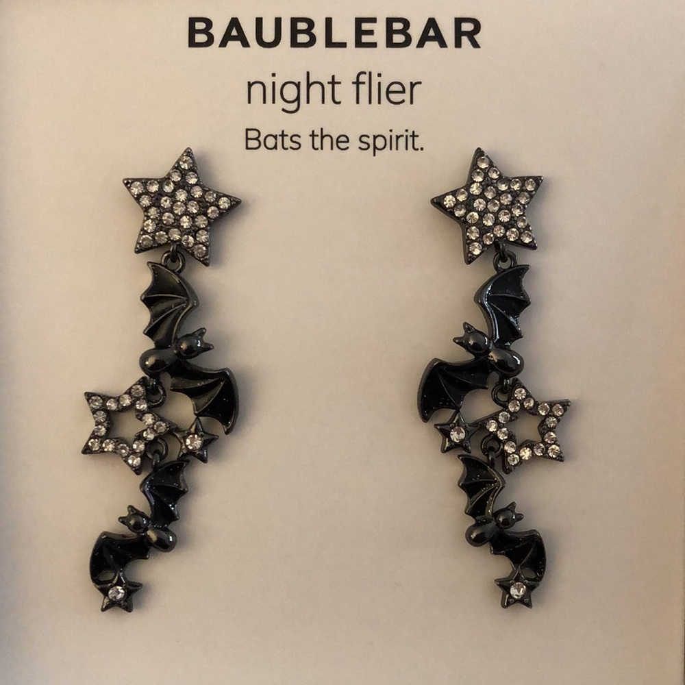 Baublebar Hematite Tone Night Flier Bat & Star Linear Drop Earrings Crystal NIB